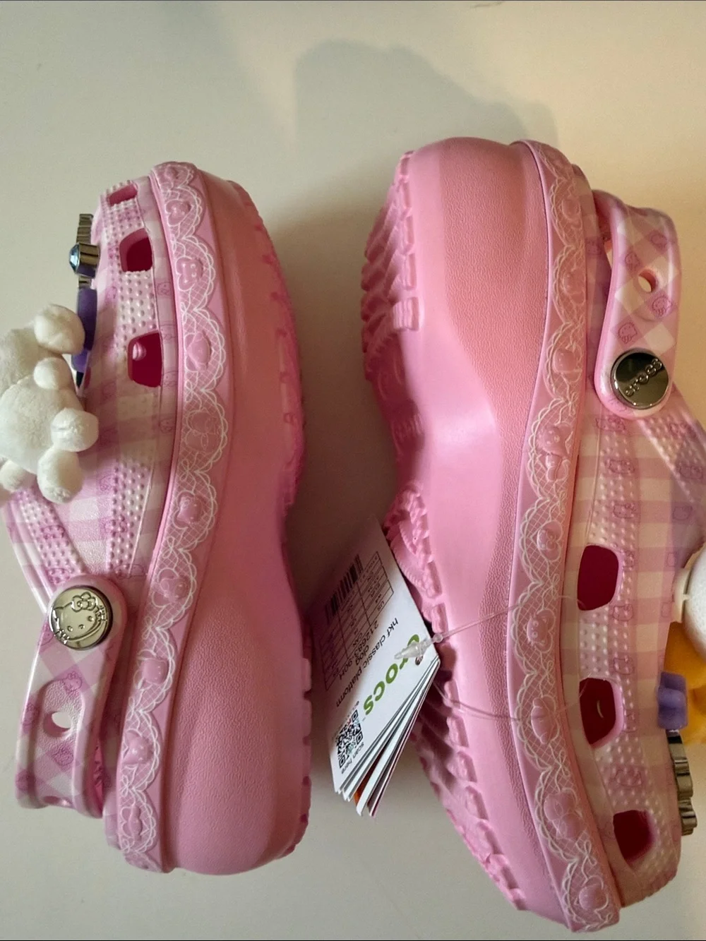 CROCS Pink Checkered Platform Clogs with Sanrio Charms